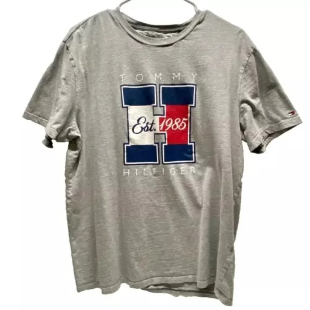Tommy Hilfiger T-Shirt Men's Large Gray TH Graphic Logo Short Sleeve‎ Tee GUC